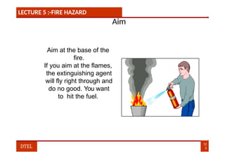 LECTURE 5 :-FIRE HAZARD
Aim
Aim at the base of the
fire.
If you aim at the flames,
the extinguishing agent
will fly right through and
do no good. You want
to hit the fuel.
12
3
DTEL
 