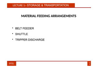 LECTURE 1:- STORAGE & TRANSPORTATION
MATERIAL FEEDING ARRANGEMENTS
• BELT FEEDER
• SHUTTLE
• TRIPPER DISCHARGE
13
6
DTEL
 