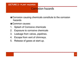 LECTURE 2:- PLANT HAZARDS
Corrosion hazards
◉Corrosion causing chemicals constitute to the corrosion
hazards
◉Common causes:
1. Splash of Corrosive chemicals
2. Exposure to corrosive chemicals
3. Leakage from valves, pipelines.
4. Escape from vent of chimneys.
5. Release of gases at start-up.
15
 