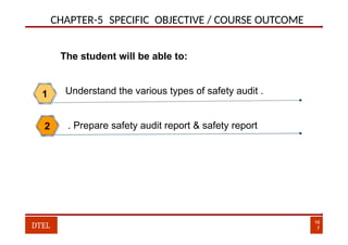 CHAPTER-5 SPECIFIC OBJECTIVE / COURSE OUTCOME
Understand the various types of safety audit .
1
The student will be able to:
. Prepare safety audit report & safety report
2
16
7
DTEL
 
