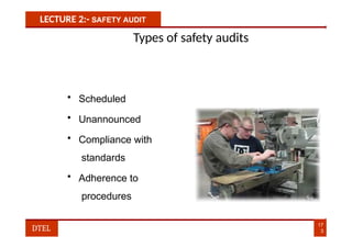 LECTURE 2:- SAFETY AUDIT
Types of safety audits
• Scheduled
• Unannounced
• Compliance with
standards
• Adherence to
procedures
17
3
DTEL
 