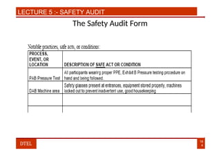 LECTURE 5 :- SAFETY AUDIT
The Safety Audit Form
18
4
DTEL
 