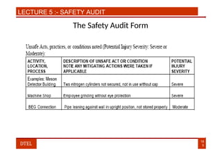 LECTURE 5 :- SAFETY AUDIT
The Safety Audit Form
18
5
DTEL
 