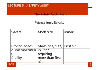 LECTURE 5 :- SAFETY AUDIT
The Safety Audit Form
Potential Injury Severity
Severe Moderate Minor
Broken bones, Abrasions, cuts, First aid
dismembermen
t,
injuries
requiring
fatality more than first
aid 18
6
DTEL
 