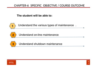 CHAPTER-6 SPECIFIC OBJECTIVE / COURSE OUTCOME
Understand the various types of maintenance .
1
The student will be able to:
Understand on-line maintenance
2
Understand shutdown maintenance
19
6
DTEL
3
 