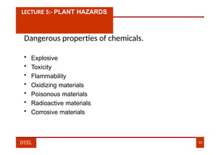 LECTURE 5:- PLANT HAZARDS
Dangerous properties of chemicals.
• Explosive
• Toxicity
• Flammability
• Oxidizing materials
• Poisonous materials
• Radioactive materials
• Corrosive materials
DTEL 33
 