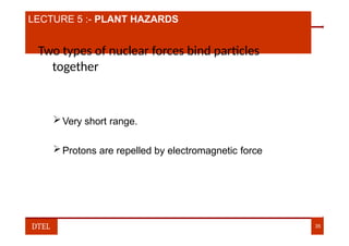 LECTURE 2:- NUMBER SYSTEM
LECTURE 5 :- PLANT HAZARDS
Two types of nuclear forces bind particles
together
Very short range.
Protons are repelled by electromagnetic force
DTEL 35
 