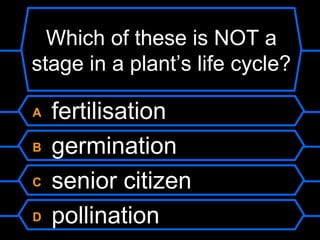 Which of these is NOT a
stage in a plant’s life cycle?

A   fertilisation
B   germination
C   senior citizen
D   pollination
 