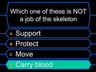 Which one of these is NOT
  a job of the skeleton

A   Support
B   Protect
C   Move
D   Carry blood
 