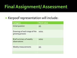 

Kerpoof representation will include:
Category

Point value

Initial question

5/5

Drawings of each stage of the
growing process

10/10

Brief summary of weekly
observations

10/10

Weekly measurements

5/5

 