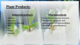 Plant Products:
Industrial products
• proteins
• enzymes
• modified starches
• fats
• oils
• waxes
• plastics
Pharmaceuticals
• recombinant human proteins
• therapeutic proteins and
pharmaceutical intermediates
• antibodies (plantibodies)
• vaccines
 