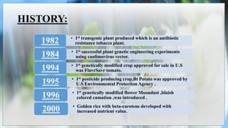 HISTORY:
• 1st transgenic plant produced which is an antibiotic
resistance tobacco plant.
1982
• 1st successful plant genetic engineering experiments
using caulimovirus vector.
1984
• 1st genetically modified crop approved for sale in U.S
was FlavrSavr tomato.
1994
• 1st pesticide producing crop,Bt Potato was approved by
U.S Environmental Protection Agency .
1995
• 1st genetically modified flower Moondust ,bluish
colored camation ,was introduced .
1996
• Golden rice with beta-carotene developed with
increased nutrient value.
2000
 