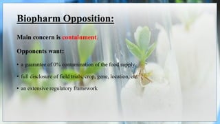 Biopharm Opposition:
Main concern is containment.
Opponents want:
• a guarantee of 0% contamination of the food supply.
• full disclosure of field trials, crop, gene, location, etc.
• an extensive regulatory framework
 