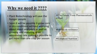 • Plant Biotechnology will save the
hunger people
• Soon it will be possible ti grow corn
in dry conditions without worrying
about insect and pests as well as
growing and maturing at an
astounding rate making it possible to
get more than one crop per season
Why we need it ????
The Future: From Pharmaceuticals
to Fuel
Herbicide resistance
Enhanced Nutrition
 