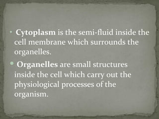 Cytoplasm  is the semi-fluid inside the cell membrane which surrounds the organelles. Organelles  are small structures inside the cell which carry out the physiological processes of the organism. 