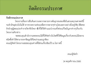 กิตติกรรมประกาศ
กิตติกรรมประกาศ
โครงงานเรื่องการสืบค้นความหลากหลายทางพันธุกรรมของพืชในสวนพฤกษศาสตร์นี้
จะสําเร็จลุล่วงไปไม่ได้ หากขาดความช่วยเหลือจากหลายๆท่านโดยเฉพาะอย่างยิ่งครูวิชัย ลิขิตพร
รักษ์ ครูผู้สอนประจํารายวิชาชีววิทยา 6 ที่ได้ให้คําแนะนํารวมทั้งช่วยแก้ไขปัญหาต่างๆเกี่ยวกับ
โครงงานดังกล่าว
ขอขอบคุณสํานักงานหอพรรณไม้ที่ได้จัดทําเว็บไซต์ที่ให้ข้อมูลเกี่ยวกับพรรณไม้หลาย
ชนิดซึ่งทําให้สามารถหาข้อมูลได้โดยง่ายและถูกต้อง
คณะผู้จัดทําโครงงานขอขอบคุณท่านที่มีส่วนเกี่ยวข้องไว้ ณ โอกาสนี้
คณะผู้จัดทํา
24 พฤษจิกายน 2560
 