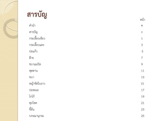 สารบัญ
คํานํา ค
สารบัญ ง
กระเจี๊ยบเขียว 1
กระเจี๊ยบแดง 3
ปอแกว 5
ฝาย 7
ชบาเมเปล 9
พุดตาน 11
ชบา 13
หญาขัดใบยาว 15
ปอทะเล 17
โกโก 19
ศุภโชค 21
ขี้อน 23
บรรณานุกรม 25
หนา
 