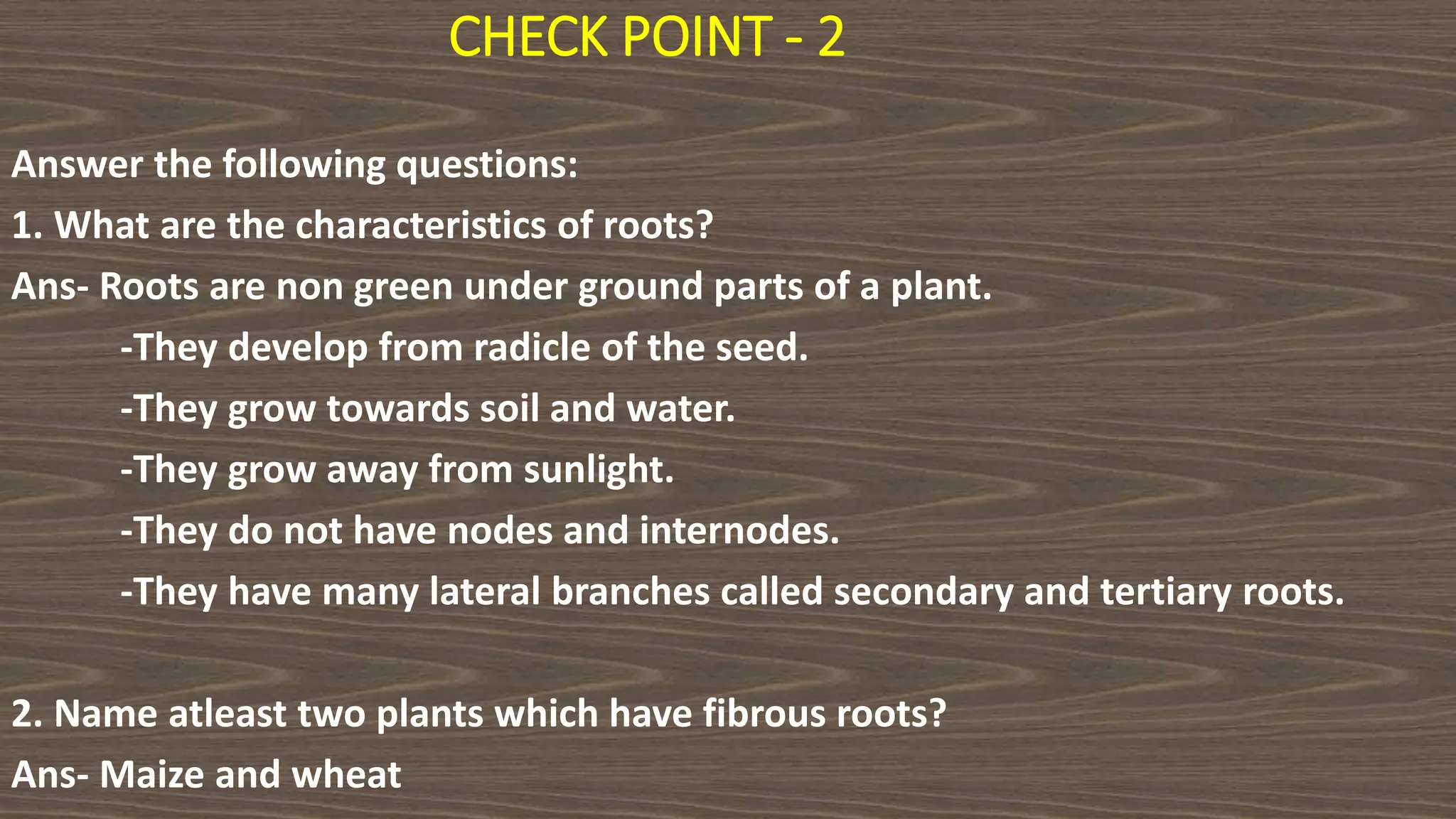 CHECK POINT - 2
Answer the following questions:
1. What are the characteristics of roots?
Ans- Roots are non green under ground parts of a plant.
-They develop from radicle of the seed.
-They grow towards soil and water.
-They grow away from sunlight.
-They do not have nodes and internodes.
-They have many lateral branches called secondary and tertiary roots.
2. Name atleast two plants which have fibrous roots?
Ans- Maize and wheat
 