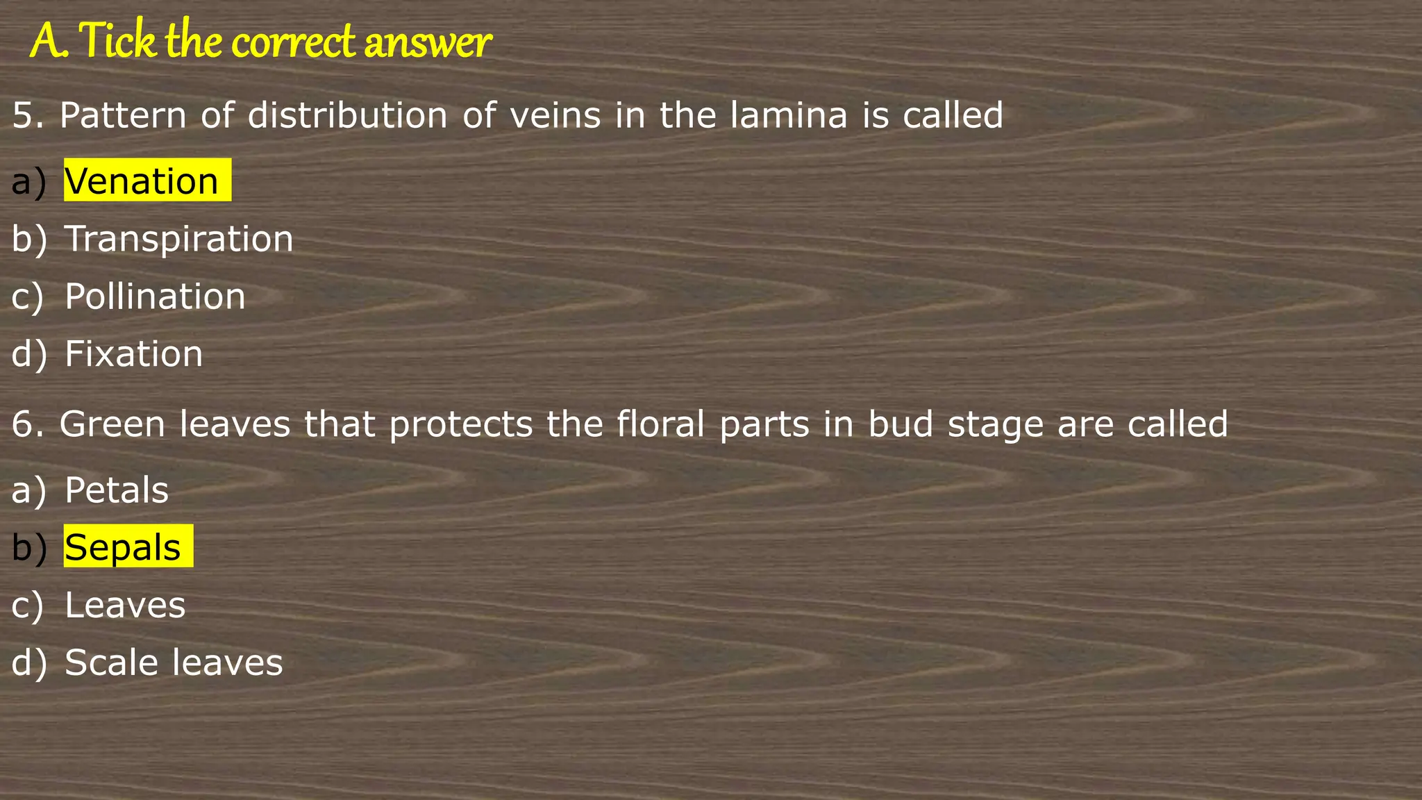 A. Tick the correct answer
5. Pattern of distribution of veins in the lamina is called
a) Venation
b) Transpiration
c) Pollination
d) Fixation
6. Green leaves that protects the floral parts in bud stage are called
a) Petals
b) Sepals
c) Leaves
d) Scale leaves
 