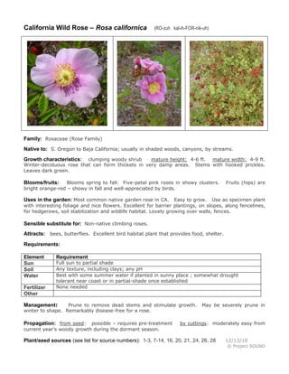 California Wild Rose – Rosa californica

(RO-zuh kal-ih-FOR-nik-uh)

Family: Rosaceae (Rose Family)
Native to: S. Oregon to Baja California; usually in shaded woods, canyons, by streams.
clumping woody shrub
mature height: 4-6 ft. mature width: 4-9 ft.
Winter-deciduous rose that can form thickets in very damp areas. Stems with hooked prickles.
Leaves dark green.

Growth characteristics:

Blooms spring to fall. Five-petal pink roses in showy clusters.
bright orange-red – showy in fall and well-appreciated by birds.

Blooms/fruits:

Fruits (hips) are

Uses in the garden: Most common native garden rose in CA. Easy to grow.

Use as specimen plant
with interesting foliage and nice flowers. Excellent for barrier plantings, on slopes, along fencelines,
for hedgerows, soil stabilization and wildlife habitat. Lovely growing over walls, fences.

Sensible substitute for: Non-native climbing roses.
Attracts: bees, butterflies. Excellent bird habitat plant that provides food, shelter.
Requirements:
Element
Sun
Soil
Water
Fertilizer
Other

Requirement

Full sun to partial shade
Any texture, including clays; any pH
Best with some summer water if planted in sunny place ; somewhat drought
tolerant near coast or in partial-shade once established
None needed

Prune to remove dead stems and stimulate growth.
winter to shape. Remarkably disease-free for a rose.

Management:

Propagation: from seed:

possible – requires pre-treatment
current year’s woody growth during the dormant season.

May be severely prune in

by cuttings: moderately easy from

Plant/seed sources (see list for source numbers): 1-3, 7-14, 16, 20, 21, 24, 26, 28

12/13/10
© Project SOUND

 