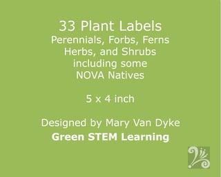 33 Plant Labels
Perennials, Forbs, Ferns
Herbs, and Shrubs
including some
NOVA Natives
5 x 4 inch
Designed by Mary Van Dyke
Green STEM Learning
 