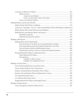 Customize the Behavior of Objects . . . . . . . . . . . . . . . . . . . . . . . . . . . . . . . . . . . . . . . . . . . . . . . 167
                     Define Controls . . . . . . . . . . . . . . . . . . . . . . . . . . . . . . . . . . . . . . . . . . . . . . . . . . . . . . . . . 167
                            Assign a Control Method . . . . . . . . . . . . . . . . . . . . . . . . . . . . . . . . . . . . . . . . . . . 168
                            Create a Control which is Part of the Object . . . . . . . . . . . . . . . . . . . . . . . . . . . 169
                     Create a User-defined Attribute . . . . . . . . . . . . . . . . . . . . . . . . . . . . . . . . . . . . . . . . . . . . 171
     Modeling Workers and the Jobs They Do . . . . . . . . . . . . . . . . . . . . . . . . . . . . . . . . . . . . . . . . . . . . . . . 173
               Model a Worker Who Works at a Machine . . . . . . . . . . . . . . . . . . . . . . . . . . . . . . . . . . . . . . . . . 174
               under View > Start Page > See also > Demo VideosModel a Worker Who Repairs a Machine179
               Model a Worker Who Carries Parts between Workplaces. . . . . . . . . . . . . . . . . . . . . . . . . . . . . . 182
               Model Workers with Importer, Broker and Exporter . . . . . . . . . . . . . . . . . . . . . . . . . . . . . . . . . 193
                     Model Processing Jobs . . . . . . . . . . . . . . . . . . . . . . . . . . . . . . . . . . . . . . . . . . . . . . . . . . . 193
                     Model Processing and Set-up Jobs . . . . . . . . . . . . . . . . . . . . . . . . . . . . . . . . . . . . . . . . . . 198
     Modeling a Shift System . . . . . . . . . . . . . . . . . . . . . . . . . . . . . . . . . . . . . . . . . . . . . . . . . . . . . . . . . . . . . 204
               Defining Shifts with the ShiftCalendar . . . . . . . . . . . . . . . . . . . . . . . . . . . . . . . . . . . . . . . . . . . . . 205
                      Enter the Names of the Shifts, the Corresponding Times and Days . . . . . . . . . . . . . . . 205
                      Enter Times During which the Installation Works Part of the Time . . . . . . . . . . . . . . . 207
                      Enter the Stations which the ShiftCalendar Controls . . . . . . . . . . . . . . . . . . . . . . . . . . . 208
                      Schedule Date and Time to Start or to Finish the Production Process . . . . . . . . . . . . . 209
               Pausing Material Flow Objects and Pausing Frames . . . . . . . . . . . . . . . . . . . . . . . . . . . . . . . . . . 210
                      Paused Material Flow Objects. . . . . . . . . . . . . . . . . . . . . . . . . . . . . . . . . . . . . . . . . . . . . . 210
                      Paused Frames . . . . . . . . . . . . . . . . . . . . . . . . . . . . . . . . . . . . . . . . . . . . . . . . . . . . . . . . . . 211
                             Example of a Pause Control . . . . . . . . . . . . . . . . . . . . . . . . . . . . . . . . . . . . . . . . 211
                             Example of an Unplanned Control . . . . . . . . . . . . . . . . . . . . . . . . . . . . . . . . . . . 212
     Modeling a Lockout Zone. . . . . . . . . . . . . . . . . . . . . . . . . . . . . . . . . . . . . . . . . . . . . . . . . . . . . . . . . . . . 213
               Enter the Stations Which the LockoutZone Stops . . . . . . . . . . . . . . . . . . . . . . . . . . . . . . . . . . . 213
               Create a Failure Profile for One of the Stations. . . . . . . . . . . . . . . . . . . . . . . . . . . . . . . . . . . . . . 216
               Stop the Associated Stations Immediately After a Failure. . . . . . . . . . . . . . . . . . . . . . . . . . . . . . 217
               Stop the Associated Stations When the Repair Service Arrives . . . . . . . . . . . . . . . . . . . . . . . . . 220
               Use a Stop Processing Control . . . . . . . . . . . . . . . . . . . . . . . . . . . . . . . . . . . . . . . . . . . . . . . . . . . 222
               Use a Resume Processing Control . . . . . . . . . . . . . . . . . . . . . . . . . . . . . . . . . . . . . . . . . . . . . . . . 223
               Stopped Material Flow Objects and Stopped Frames . . . . . . . . . . . . . . . . . . . . . . . . . . . . . . . . . 224
     Modeling a Kanban System. . . . . . . . . . . . . . . . . . . . . . . . . . . . . . . . . . . . . . . . . . . . . . . . . . . . . . . . . . . 225
               Create the Sequence of Stations within the Line . . . . . . . . . . . . . . . . . . . . . . . . . . . . . . . . . . . . . 227




VI
 