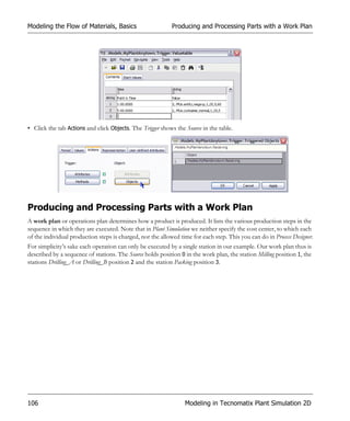 Modeling the Flow of Materials, Basics                      Producing and Processing Parts with a Work Plan




• Click the tab Actions and click Objects. The Trigger shows the Source in the table.




Producing and Processing Parts with a Work Plan
A work plan or operations plan determines how a product is produced. It lists the various production steps in the
sequence in which they are executed. Note that in Plant Simulation we neither specify the cost center, to which each
of the individual production steps is charged, nor the allowed time for each step. This you can do in Process Designer.
For simplicity’s sake each operation can only be executed by a single station in our example. Our work plan thus is
described by a sequence of stations. The Source holds position 0 in the work plan, the station Milling position 1, the
stations Drilling_A or Drilling_B position 2 and the station Packing position 3.




106                                                              Modeling in Tecnomatix Plant Simulation 2D
 
