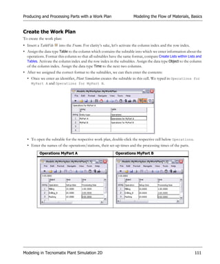 Producing and Processing Parts with a Work Plan                         Modeling the Flow of Materials, Basics


Create the Work Plan
To create the work plan:
• Insert a TableFile   into the Frame. For clarity’s sake, let’s activate the column index and the row index.
• Assign the data type Table to the column which contains the subtable into which we enter information about the
  operations. Format this column so that all subtables have the same format, compare Create Lists within Lists and
  Tables. Activate the column index and the row index in the subtables. Assign the data type Object to the column
  of the column index. Assign the data type Time to the next two columns.
• After we assigned the correct format to the subtables, we can then enter the contents:
  • Once we enter an identifier, Plant Simulation creates the subtable in this cell. We typed in Operations for
    MyPart A and Operations for MyPart B.




  • To open the subtable for the respective work plan, double-click the respective cell below Operations.
  • Enter the names of the operations/stations, their set-up times and the processing times of the parts.
          Operations MyPart A                               Operations MyPart B




Modeling in Tecnomatix Plant Simulation 2D                                                                      111
 