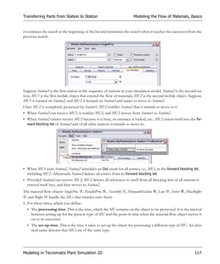 Transferring Parts from Station to Station                               Modeling the Flow of Materials, Basics


it continues the search at the beginning of the list and terminates the search when it reaches the successor from the
previous search.




Suppose Station1 is the first station in the sequence of stations in your simulation model, Station2 is the second sta-
tion, MU1 is the first mobile object that entered the flow of materials, MU2 is the second mobile object. Suppose
MU1 is located on Station2, and MU2 is located on Station1 and wants to move to Station2.
Once MU2 is completely processed by Station1, MU2 notifies Station2 that it intends to move to it.
• When Station2 can receive MU2, it notifies MU2, and MU2 moves from Station1 to Station2.
• When Station2 cannot receive MU2 because it is busy, its entrance is locked, etc., MU2 enters itself into the for-
  ward blocking list of Station2 and of all other stations it intends to move to.




• When MU1 exits Station2, Station2 schedules an Out event for all entries, i.e., MUs, in the forward blocking list,
  including MU2. Afterwards Station2 deletes all entries from its forward blocking list.
• Provided Station2 can receive MU2, MU2 deletes all references to itself from all blocking lists of all stations it
  entered itself into, and then moves to Station2.
The material flow objects SingleProc , ParallelProc , Assembly      , DismantleStation   , Line   , Sorter   , PlaceBuffer
  and Buffer handle the MUs that transfer onto them:
1. For these times, which you define:
  • The processing time. This is the time, which the MU remains on the object to be processed. It is the interval
    between setting-up for the present type of MU and the point in time when the material flow object moves it
    on to its successor.
  • The set-up time. This is the time it takes to set-up the object for processing a different type of MU. An iden-
    tical name denotes that MUs are of the same type.




Modeling in Tecnomatix Plant Simulation 2D                                                                          117
 
