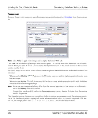 Modeling the Flow of Materials, Basics                                Transferring Parts from Station to Station


Percentage
To move the part to the successors according to a percentage distribution, select Percentage from the drop-down
list.




Note: Click Apply, to apply your settings, and to display the button Open List.
Click Open List and enter the percentages in the list that opens. The n-th row in the table defines the n-th successor’s
portion: When you enter 20 in row 1, for example, the object moves 20% of the MUs it received to the successor
with the number 1, etc.
The object always moves the MU to the successor with the greatest difference between the rated value and the cur-
rent value.
• When you select Blocking              , it moves the MU to the successor with the highest deviation from the nom-
  inal percentage.
• When you clear Blocking         , it moves the MU to the successor, which can receive the MU with the highest
  deviation from the nominal percentage.
Note: The actual percentages reached may differ from the nominal ones due to a low number of total transfers
      and to the Blocking-state of successors.
       Any previous transfers of MUs affect the Percentage strategy, as they alter the deviation from the nominal
       transfer frequencies.
Plant Simulation sums up the values you entered into the list of nominal percentages to obtain the value that matches
100%. The distribution pattern only depends on the relative size of the values, not on their magnitude. This way
you can, for example, either enter [1;2] or [0.3333…; 0.6666…], the result will be the same.




126                                                               Modeling in Tecnomatix Plant Simulation 2D
 