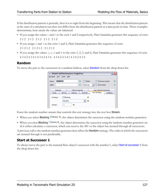 Transferring Parts from Station to Station                                Modeling the Flow of Materials, Basics


If the distribution pattern is periodic, then it is so right from the beginning. This means that the distribution pattern
at the start of a simulation run does not differ from the distribution pattern at a later point in time. These examples
demonstrate, how nicely the values are balanced:
• If you assign the values 1 and 2 to the exits 1 and 2 respectively, Plant Simulation generates this sequence of exits:
  212 212 212 212 212
• If you assign 2 and 3 to the exits 1 and 2, Plant Simulation generates this sequence of exits:
  21212 21212 21212
• If you assign the values 1, 2, 4 and 8 to the exits 1, 2, 3, and 4, Plant Simulation generates this sequence of exits:
  434243414342434 434243414342434

Random
To move the part to the successors in a random fashion, select Random from the drop-down list.




Enter the random number stream that controls this exit strategy into the text box Stream.
• When you select Blocking              , the object determines the successor using the random-number generator.
• When you clear Blocking               , the object determines the successor using the random-number generator un-
  til it either calculates a successor, which can receive the MU or the object has iterated through all successors.
A previous call to the random number generator does affect the Random strategy. The order in which the successors
are iterated through is not predictable.

Start at Successor 1
To always move the part to the material flow object’s successor with the number 1, select Start at successor 1 from
the drop-down list.




Modeling in Tecnomatix Plant Simulation 2D                                                                          127
 