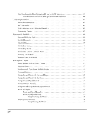 Map Coordinates in Plant Simulation 2D and in the 3D Viewer . . . . . . . . . . . . . . . . . . . . . . . . 505
                     Edit How Plant Simulation 2D Maps 3D Viewer Coordinates. . . . . . . . . . . . . . . . . . . . 506
      Controlling Your View . . . . . . . . . . . . . . . . . . . . . . . . . . . . . . . . . . . . . . . . . . . . . . . . . . . . . . . . . . . . . . . 507
                Set the Main Directions. . . . . . . . . . . . . . . . . . . . . . . . . . . . . . . . . . . . . . . . . . . . . . . . . . . . . . . . . 507
                Set View Points . . . . . . . . . . . . . . . . . . . . . . . . . . . . . . . . . . . . . . . . . . . . . . . . . . . . . . . . . . . . . . . 507
                Attach a Camera to an Object and Detach it . . . . . . . . . . . . . . . . . . . . . . . . . . . . . . . . . . . . . . . . 507
                Animate the Camera . . . . . . . . . . . . . . . . . . . . . . . . . . . . . . . . . . . . . . . . . . . . . . . . . . . . . . . . . . . 507
      Working with the Grid . . . . . . . . . . . . . . . . . . . . . . . . . . . . . . . . . . . . . . . . . . . . . . . . . . . . . . . . . . . . . . . 508
                Show and Hide the Grid . . . . . . . . . . . . . . . . . . . . . . . . . . . . . . . . . . . . . . . . . . . . . . . . . . . . . . . . 508
                Set Grid Properties . . . . . . . . . . . . . . . . . . . . . . . . . . . . . . . . . . . . . . . . . . . . . . . . . . . . . . . . . . . . 508
                Edit Grid Lines . . . . . . . . . . . . . . . . . . . . . . . . . . . . . . . . . . . . . . . . . . . . . . . . . . . . . . . . . . . . . . . 509
                Set the Grid Size . . . . . . . . . . . . . . . . . . . . . . . . . . . . . . . . . . . . . . . . . . . . . . . . . . . . . . . . . . . . . . 511
                Set the Snap Points . . . . . . . . . . . . . . . . . . . . . . . . . . . . . . . . . . . . . . . . . . . . . . . . . . . . . . . . . . . . 511
                Position the Grid on Different Planes . . . . . . . . . . . . . . . . . . . . . . . . . . . . . . . . . . . . . . . . . . . . . 512
                Manually Tilt the Grid . . . . . . . . . . . . . . . . . . . . . . . . . . . . . . . . . . . . . . . . . . . . . . . . . . . . . . . . . . 514
                Move the Grid in the Scene . . . . . . . . . . . . . . . . . . . . . . . . . . . . . . . . . . . . . . . . . . . . . . . . . . . . . 515
      Working with Objects . . . . . . . . . . . . . . . . . . . . . . . . . . . . . . . . . . . . . . . . . . . . . . . . . . . . . . . . . . . . . . . 517
                Model with the Built-in Object Classes . . . . . . . . . . . . . . . . . . . . . . . . . . . . . . . . . . . . . . . . . . . . 517
                Insert an Object . . . . . . . . . . . . . . . . . . . . . . . . . . . . . . . . . . . . . . . . . . . . . . . . . . . . . . . . . . . . . . . 517
                Simultaneously Paste/Insert Multiple Copies . . . . . . . . . . . . . . . . . . . . . . . . . . . . . . . . . . . . . . . 518
                Connect Objects . . . . . . . . . . . . . . . . . . . . . . . . . . . . . . . . . . . . . . . . . . . . . . . . . . . . . . . . . . . . . . 519
                Manipulate an Object with Keyboard Keys . . . . . . . . . . . . . . . . . . . . . . . . . . . . . . . . . . . . . . . . . 520
                Manipulate an Object with the Mouse . . . . . . . . . . . . . . . . . . . . . . . . . . . . . . . . . . . . . . . . . . . . . 521
                Manipulate an Object Precisely . . . . . . . . . . . . . . . . . . . . . . . . . . . . . . . . . . . . . . . . . . . . . . . . . . . 521
                Move an Object Precisely . . . . . . . . . . . . . . . . . . . . . . . . . . . . . . . . . . . . . . . . . . . . . . . . . . . . . . . 522
                Manipulate a Group of Plain Graphic Objects . . . . . . . . . . . . . . . . . . . . . . . . . . . . . . . . . . . . . . 523
                Rotate an Object . . . . . . . . . . . . . . . . . . . . . . . . . . . . . . . . . . . . . . . . . . . . . . . . . . . . . . . . . . . . . . 524
                       Rotate an Object Manually . . . . . . . . . . . . . . . . . . . . . . . . . . . . . . . . . . . . . . . . . . . . . . . . 524
                       Rotate an Object Precisely . . . . . . . . . . . . . . . . . . . . . . . . . . . . . . . . . . . . . . . . . . . . . . . . 525
                              Accept Rotating the Object . . . . . . . . . . . . . . . . . . . . . . . . . . . . . . . . . . . . . . . . . 526
                Precisely Scale an Object . . . . . . . . . . . . . . . . . . . . . . . . . . . . . . . . . . . . . . . . . . . . . . . . . . . . . . . . 526
                               Accept Scaling the Object . . . . . . . . . . . . . . . . . . . . . . . . . . . . . . . . . . . . . . . . . . 527




XIV
 
