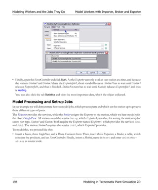 Modeling Workers and the Jobs They Do                      Model Workers with Importer, Broker and Exporter




• Finally, open the EventController and click Start. As the Exporter can only work at one station at a time, and because
  the stations Station1 and Station3 share the ExporterJob1, short standstills occur. Station1 has to wait until Station3
  releases ExporterJob1, and thus is blocked. Station3 in turn has to wait until Station1 releases ExporterJob1, and thus
  is Waiting.
  You can also click the tab Statistics and view the most important data, which the object collected.

Model Processing and Set-up Jobs
In our example we will demonstrate how to model jobs, which process parts and which set the station up to process
these different types of parts.
The Exporter provides the services, while the Broker assigns the Exporter to the station, which we here model with
the object SingleProc. All stations need the service Setup, which Exporter3 provides, for setting the station up for
a new part type. Station1 and Station3 both require the Exporter named Exporter1, which provides the services Job1
and Job1. The station Station2 requires the service Job2, which Exporter2 provides.
To model this, we proceed like this:
• Insert a Source, three SingleProcs, and a Drain. Connect them. Then, insert three Exporters, a Broker, a table, which
  contains the products, and an EventController. Finally, insert a Method, name it Reset and enter deleteMov-
  ables; as source code.




198                                                                Modeling in Tecnomatix Plant Simulation 2D
 