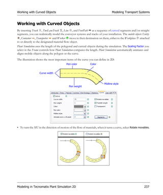 Working with Curved Objects                                                        Modeling Transport Systems


Working with Curved Objects
By inserting Track , TwoLaneTrack , Line , and FootPath as a sequence of curved segments and/or straight
segments, you can realistically model the conveyor systems and tracks of your installation. The mobile objects Entity
  , Container , Transporter and Worker move to their destination on them, either to the Workplace attached
to or directly to the designated material flow object.
Plant Simulation uses the length of the polygonal and curved objects during the simulation. The Scaling Factor you
select in the Frame controls how Plant Simulation computes the length. Plant Simulation automatically animates and
aligns mobile objects along the polygon or the curve.

The illustration shows the most important items of the curve you can define in 2D:
                                           Pen color            Color


                   Curve width



                                                                             Midline style
                                             Pen weight




• To turn the MU in the direction of motion of the flow of materials, when it turns a curve, select Rotate movables.




Modeling in Tecnomatix Plant Simulation 2D                                                                      237
 