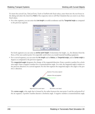 Modeling Transport Systems                                                         Working with Curved Objects


  To insert the curved Line, TwoLaneTrack, Track or FootPath with fixed values, enter them into the text boxes in
  the dialog and select the check box fixed of the respective item to tell Plant Simulation that you want to use these
  fixed values.
  • For a line segment, you can enter the Line length in world coordinates and the Tangential angle as compared
    to the previous segment.




      For both segments you can enter an anchor point height. It determines the height , i.e., the distance from the
      floor, of the next anchor point. It is especially useful when you model material handling equipment.
  • For a curved segment, you can enter the Arc length and its Radius, its Tangential angle, and its Center angle in
    degrees as compared to the previous segment.
      The tangential angle designates the change of the tangential direction. Enter a positive number for a clock-
      wise angle. Enter a negative number for a counterclockwise angle. As a rule, the tangential angle is relative to
      the previous direction of a curved segment. For the first segment the tangential angle is the angle to the pos-
      itive x-direction.




      The center angle is the angle that is formed by the radius between the start point A and the end point B of
      the arc segment. A positive number denotes a clockwise angle. A negative number a counterclockwise angle.




240                                                              Modeling in Tecnomatix Plant Simulation 2D
 