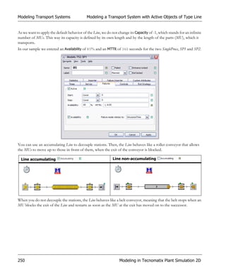 Modeling Transport Systems                  Modeling a Transport System with Active Objects of Type Line


As we want to apply the default behavior of the Line, we do not change its Capacity of -1, which stands for an infinite
number of MUs. This way its capacity is defined by its own length and by the length of the parts (MU), which it
transports.
In our sample we entered an Availability of 85% and an MTTR of 360 seconds for the two SingleProcs, SP1 and SP2.




You can use an accumulating Line to decouple stations. Then, the Line behaves like a roller conveyor that allows
the MUs to move up to those in front of them, when the exit of the conveyor is blocked.

  Line accumulating                                          Line non-accumulating




When you do not decouple the stations, the Line behaves like a belt conveyor, meaning that the belt stops when an
MU blocks the exit of the Line and restarts as soon as the MU at the exit has moved on to the successor.




250                                                              Modeling in Tecnomatix Plant Simulation 2D
 