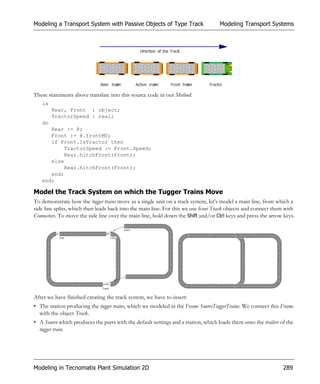 Modeling a Transport System with Passive Objects of Type Track                      Modeling Transport Systems




These statements above translate into this source code in our Method:
   is
        Rear, Front : object;
        TractorSpeed : real;
   do
      Rear := @;
      Front := @.frontMU;
      if Front.IsTractor then
           TractorSpeed := Front.Speed;
           Rear.hitchFront(Front);
      else
           Rear.hitchFront(Front);
      end;
   end;

Model the Track System on which the Tugger Trains Move
To demonstrate how the tugger trains move as a single unit on a track system, let’s model a main line, from which a
side line splits, which then leads back into the main line. For this we use four Track objects and connect them with
Connectors. To move the side line over the main line, hold down the Shift and/or Ctrl keys and press the arrow keys.




After we have finished creating the track system, we have to insert:
• The station producing the tugger trains, which we modeled in the Frame SourceTuggerTrains. We connect this Frame
  with the object Track.
• A Source which produces the parts with the default settings and a station, which loads them onto the trailers of the
  tugger train.




Modeling in Tecnomatix Plant Simulation 2D                                                                       289
 