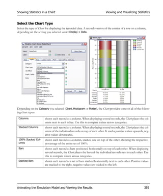 Showing Statistics in a Chart                                                 Viewing and Visualizing Statistics


Select the Chart Type
Select the type of Chart for displaying the recorded data. A record consists of the entries of a row or a column,
depending on the setting you selected under Display > Data.




Depending on the Category you selected (Chart, Histogram or Plotter), the Chart provides some or all of the follow-
ing chart types:

 Columns                shows each record as a column. When displaying several records, the Chart places the col-
                        umns next to each other. Use this to compare values across categories.
 Stacked Columns        shows each record as a column. When displaying several records, the Chart places the col-
                        umns of the individual records on top of each other. It stacks positive values upwards, neg-
                        ative values downwards.
 100% Stacked Col-      shows each record as a column, stacked one on top of the other, showing the respective
 umns                   percentage of the entire set of 100%.
 Bars                   shows each record as bars positioned horizontally on top of each other. When displaying
                        several records, the Chart places the bars of the individual records next to each other. Use
                        this to compare values across categories.
 Stacked Bars           shows each record as a set of bars stacked horizontally next to each other. Positive values
                        are stacked to the right, negative values are stacked to the left.




Animating the Simulation Model and Viewing the Results                                                          359
 