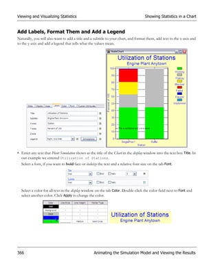 Viewing and Visualizing Statistics                                                    Showing Statistics in a Chart


Add Labels, Format Them and Add a Legend
Naturally, you will also want to add a title and a subtitle to your chart, and format them, add text to the x-axis and
to the y-axis and add a legend that tells what the values mean.




• Enter any text that Plant Simulation shows as the title of the Chart in the display window into the text box Title. In
  our example we entered Utilization of Stations.
  Select a font, if you want to bold face or italicize the text and a relative font size on the tab Font.




  Select a color for all text in the display window on the tab Color. Double-click the color field next to Font and
  select another color. Click Apply to change the color.




366                                                Animating the Simulation Model and Viewing the Results
 
