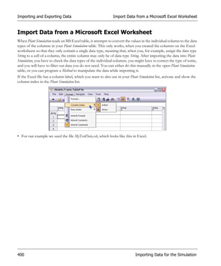 Importing and Exporting Data                                  Import Data from a Microsoft Excel Worksheet


Import Data from a Microsoft Excel Worksheet
When Plant Simulation reads an MS Excel table, it attempts to convert the values in the individual column to the data
types of the columns in your Plant Simulation table. This only works, when you created the columns on the Excel
worksheets so that they only contain a single data type, meaning that, when you, for example, assign the data type
String to a cell of a column, the entire column may only be of data type String. After importing the data into Plant
Simulation, you have to check the data types of the individual columns, you might have to correct the type of some,
and you will have to filter out data you do not need. You can either do this manually in the open Plant Simulation
table, or you can program a Method to manipulate the data while importing it.
If the Excel file has a column label, which you want to also use in your Plant Simulation list, activate and show the
column index in the Plant Simulation list.




• For our example we used the file MyTestData.xls, which looks like this in Excel.




400                                                                          Importing Data for the Simulation
 