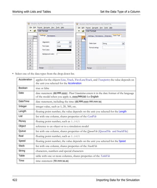Working with Lists and Tables                                                   Set the Data Type of a Column




• Select one of the data types from the drop-down list.

      Acceleration   applies for the objects Line, Track, TwoLaneTrack, and Transporter; the value depends on
                     the unit you selected for the Acceleration
      Boolean        true or false
      Date           date statement (dd.MM.yyyy). Plant Simulation enters it in the date format of the language
                     of the model when you apply it, yyyy/MM/dd for English
      DateTime       date statement, including the time (dd.MM.yyyy HH:mm:ss)
      Integer        integer value, such as 1, 20, 300, etc.
      Length         floating point number, the value depends on the unit you selected for the Length
      List           list with one column, shares properties of the CardFile
      Money          floating point number, such as 3.1415
      Object         reference to an object or to a simulation model
      Queue          list with one column, shares properties of the QueueFile (QueueFile and StackFile)
      Real           floating point number, such as 3.1415
      Speed          floating point number, the value depends on the unit you selected for the Speed
      Stack          list with one column, shares properties of the StackFile
      String         characters, numbers and special characters
      Table          table with one or more columns, shares properties of the TableFile
      Time           time statement (hh:mm:ss.ss)




422                                                                         Importing Data for the Simulation
 