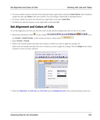 Set Alignment and Colors of Cells                                                   Working with Lists and Tables


• To insert a blank column to the left of the selected column, right-click it and select Insert Column. Plant Simulation
  assigns the data type string to this new column. You can change it afterwards as described above.
• To insert a blank row above the selected row, right-click it and select Insert Row.
• To delete the selected column or row, right-click it and select Cut.

Set Alignment and Colors of Cells
To set the alignment, the font size, the font color of cells and the background color of a list or of a table:

• Deactivate inheritance: Click       on the toolbar                                                              or se-
  lect Format > Inherit Format, so that it does not show a check mark                        .
• Select Format > Format.
• Click in the column header and select the columns to which you want to apply the settings. Or
  Click in the row header and select the rows to which you want to apply the settings. The box Range shows which
  columns or rows you have selected.




• Select the Alignment, the Font size, the Font color and the Background color of the selected columns and rows.




Importing Data for the Simulation                                                                                  425
 