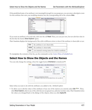 Select How to Show the Objects and the Names                          Set Parameters with the AttributeExplorer


If the predefined name of an attribute is not meaningful enough for your purposes, you can enter a descriptive term
for that attribute that suits your modeling situation into the corresponding cell in the column Alias.




If you want an attribute to be read only, click into the cell Read. Then, you can just view, but not edit that value in
the list that the button Show Explorer opens.
Plant Simulation displays the background of the cells in different colors to show if the attribute is observable or not.

                              blue     the attribute is not observable.
                              white    the attribute is observable.
                              gray     you entered a wrong name for a built-in attribute.

To manipulate the contents of the list, use the commands on the Context Menu of Embedded Lists.

Select How to Show the Objects and the Names
You can only change the settings, when the toggle button Inheritance is deselected .




Select what you want to do with the attributes you added to the AttributeExplorer:
• To allow you to edit the values of the attributes of any one of the stations you entered, select Edit           . Then,
  click Show Explorer, click in any of the cells that are not grayed out, and enter another value. Plant Simulation writes
  the values you changed back to the dialogs of the objects, when you click Apply/OK.




Setting Parameters in Your Model                                                                                     477
 