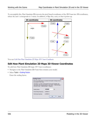 Working with the Scene                      Map Coordinates in Plant Simulation 2D and in the 3D Viewer


To accomplish this, Plant Simulation 2D converts the pixel-based coordinates of the 2D Frame into 3D coordinates,
where the unit 1 corresponds to 1 meter. In addition, it flips the y-axis, so that it points up.
                         2D coordinates                    3D coordinates

                                                            Z-axis              Y-axis
                                               X-axis
                                   origin




                               Y-axis                                           X-axis




You can Edit How Plant Simulation 2D Maps 3D Viewer Coordinates

Edit How Plant Simulation 2D Maps 3D Viewer Coordinates
To edit how Plant Simulation 2D maps 3D Viewer coordinates:
• Navigate to the Plant Simulation 2D Frame that contains your model.
• Select Tools > Scaling Factor:
  Enter the scaling factor.




506                                                                                Modeling in the 3D Viewer
 