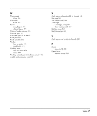W                                             X
Watch mode                                    xSelf, access column in table in formula 442
     Chart 354                                XY Area 360
Watchable                                     XY Arrows chart 360
     Chart 354                                XY Graph
Width                                              Chart type, using 357
     icon, Report 374                              show statistics with 357
     object, Report 374                       XY Line chart 360
Width of sankey streams 395                   XY Points chart 360
Window types 10
Windows, types of in 2D 10
Work plan 106
                                              Y
Work schedule 106                             ySelf, access row in table in formula 442
Worker
     how to model 173                         Z
     model with 173                           Zoom
Working with                                     object in 3D 521
     lists and tables 429                     Zoom Scene
     tables 430                                  with the mouse 500
Working with objects in the Frame window 76
wrl, file with animation path 539




                                                                                             Index-17
 