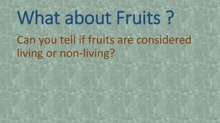 What about Fruits ?
Can you tell if fruits are considered
living or non-living?
 