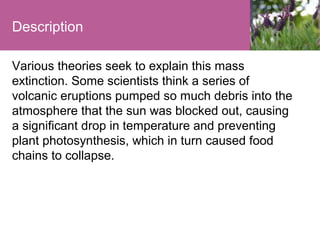 Description
Various theories seek to explain this mass
extinction. Some scientists think a series of
volcanic eruptions pumped so much debris into the
atmosphere that the sun was blocked out, causing
a significant drop in temperature and preventing
plant photosynthesis, which in turn caused food
chains to collapse.

 
