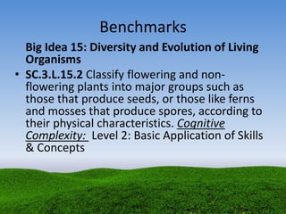 Benchmarks
Big Idea 15: Diversity and Evolution of Living
Organisms
• SC.3.L.15.2 Classify flowering and non-
flowering plants into major groups such as
those that produce seeds, or those like ferns
and mosses that produce spores, according to
their physical characteristics. Cognitive
Complexity: Level 2: Basic Application of Skills
& Concepts
 