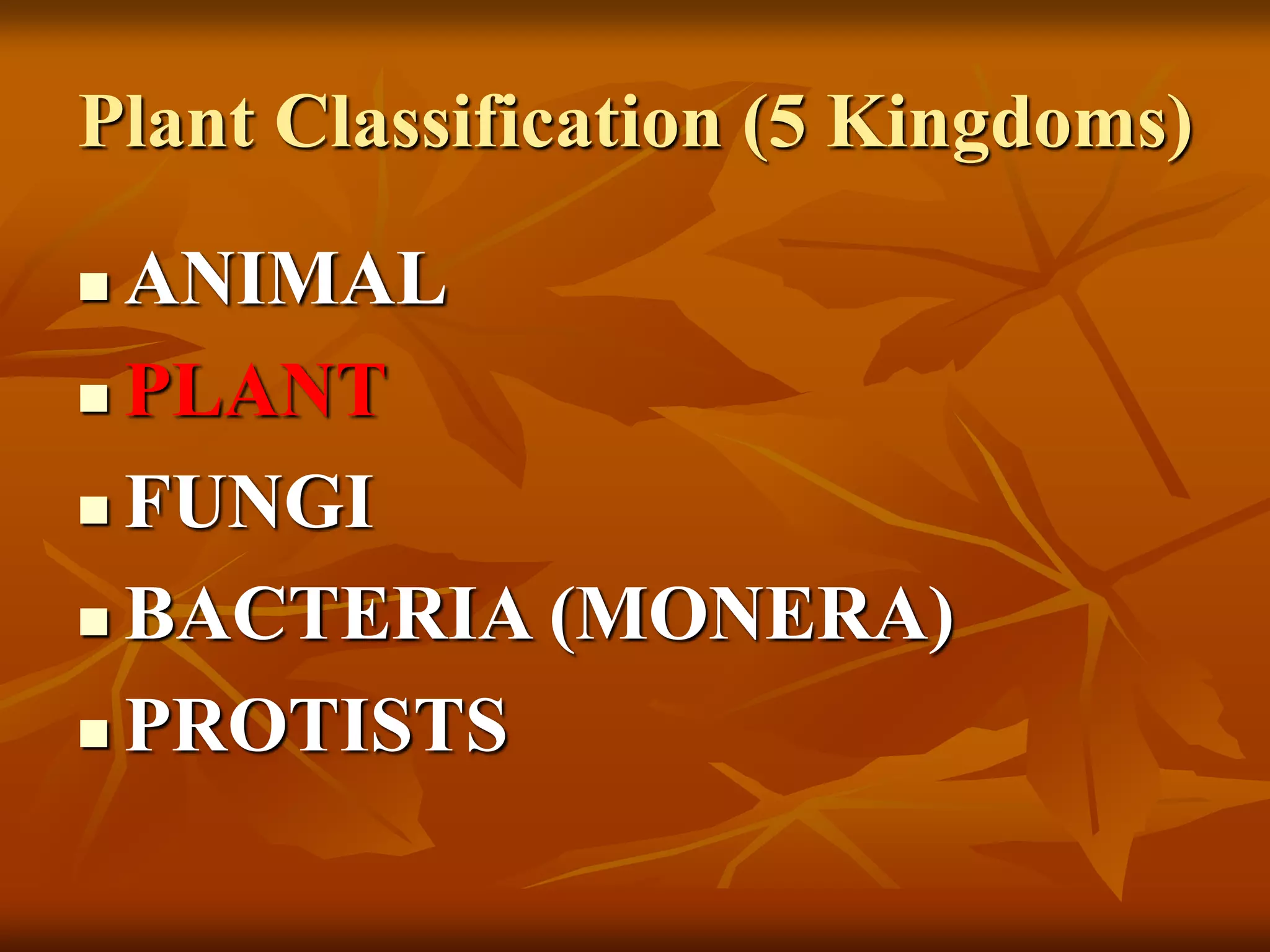 Plant Classification (5 Kingdoms)
 ANIMAL
 PLANT
 FUNGI
 BACTERIA (MONERA)
 PROTISTS
 