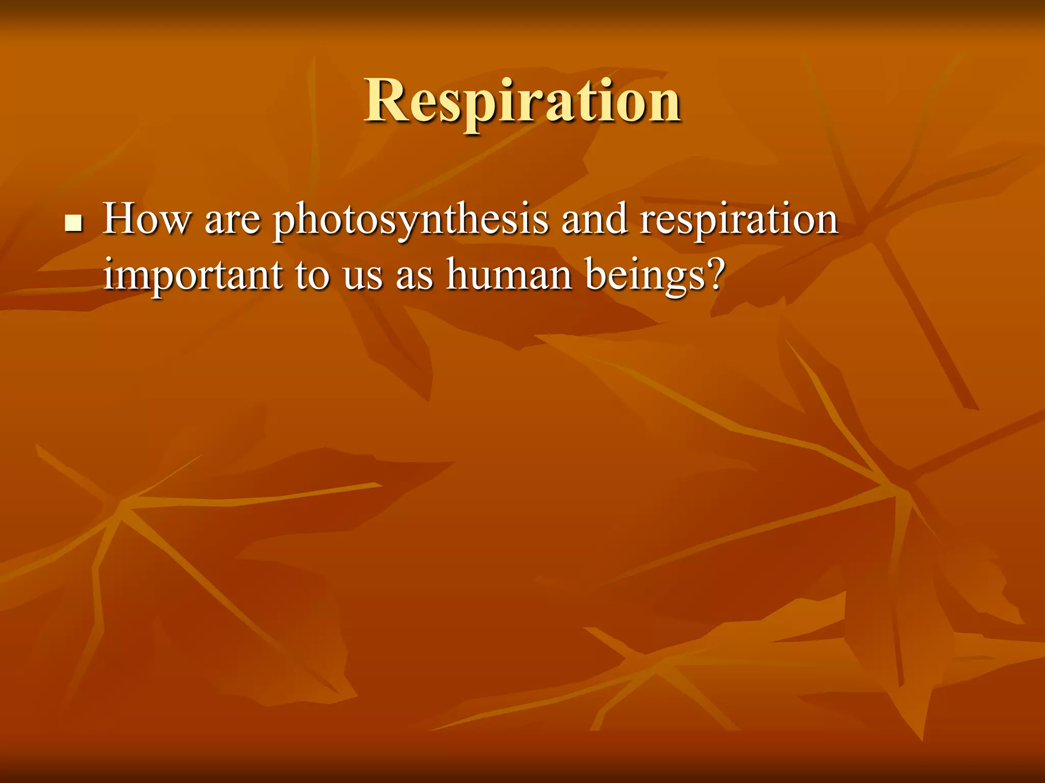 Respiration
 How are photosynthesis and respiration
important to us as human beings?
 